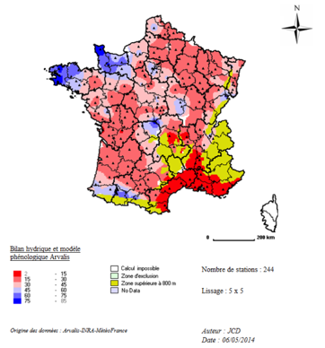 Carte 1 : Etat de réserve en eau estimée au 10/05/2014, pour une culture de blé tendre sur un sol de RU=100 mm