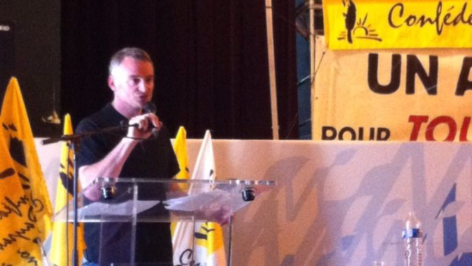 Laurent Pinatel porte parole de la Confédération paysanne et Marie-Noëlle Orain, secrétaire générale. Au Space à Rennes, le 11 septembre2013, ils présentaient les revendications du syndicat sur la Pac pour 2015. 