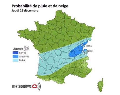 Probabilité de pluie et de neige, jeudi 25 décembre 2014.