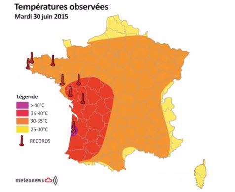 Températures observées mardi 30 juin 2015en France