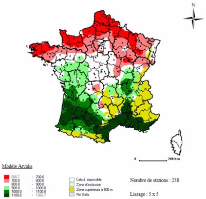 Carte 1 : Etat d’avancement des stades des blés tendres en France (en somme de température depuis l’épiaison au 30/06/2015 ; Apache semé à des dates représentatives localement)