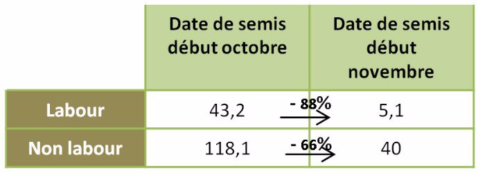 Tableau 1 : Impact de la date de semis sur le nombre d’adventices/m² en sortie hiver dans le blé tendre en l’absence de désherbage (essai Arvalis – Institut du végétal, Epieds (27), 2014)