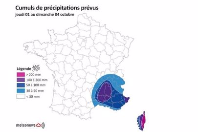 Cumul de pluie prévue sur la France du 1er au 4 octobre 2015. (©MeteoNews.)