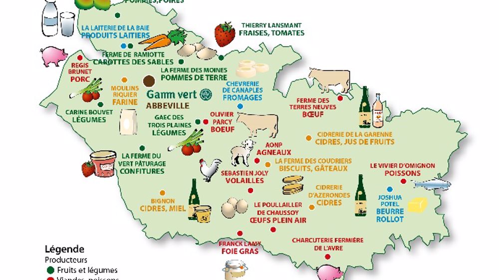 Carte des producteurs approvisionnant le Gamm Vert d'Abbeville. (©Noriap)