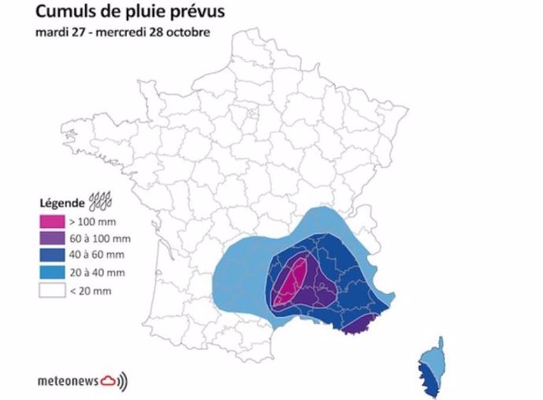 Les pluies attendues dans les 24h sur la France. (©MeteoNews)