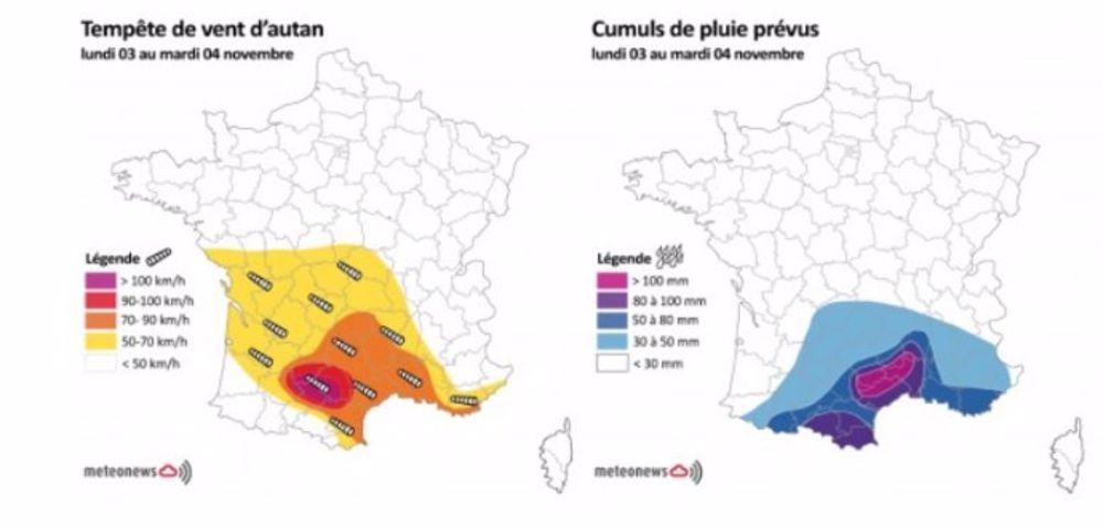 La pluie et le vent attendus sur le sud de la France lundi et mardi. (©MeteoNews)
