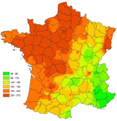 Carte 1 : Ecart à la médiane 1995/2014 des températures moyennes (base 0) du semis au 5 janvier 2016 (dates de semis régionalisées) Sources : Météo France et Arvalis – Institut du végétal