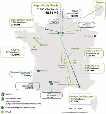 Carte des établissements d'enseignement supérieur agricole public en 2015