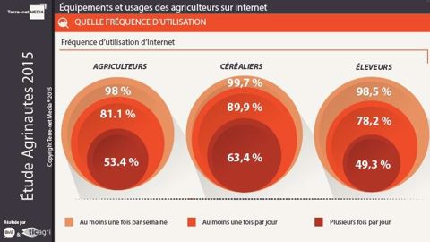 81,1 % des agriculteurs connectés utilisent internet au moins une fois par jour. La fréquence de connexion est plus élevée chez les céréaliers que chez les éleveurs. (©Terre-net Média)