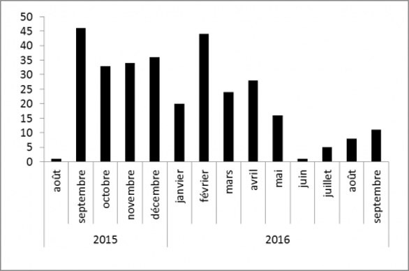 Nombre de foyers détectés par mois entre le 27 août 2015 (date de prélèvement du premier foyer FCO) et le 12 septembre 2016