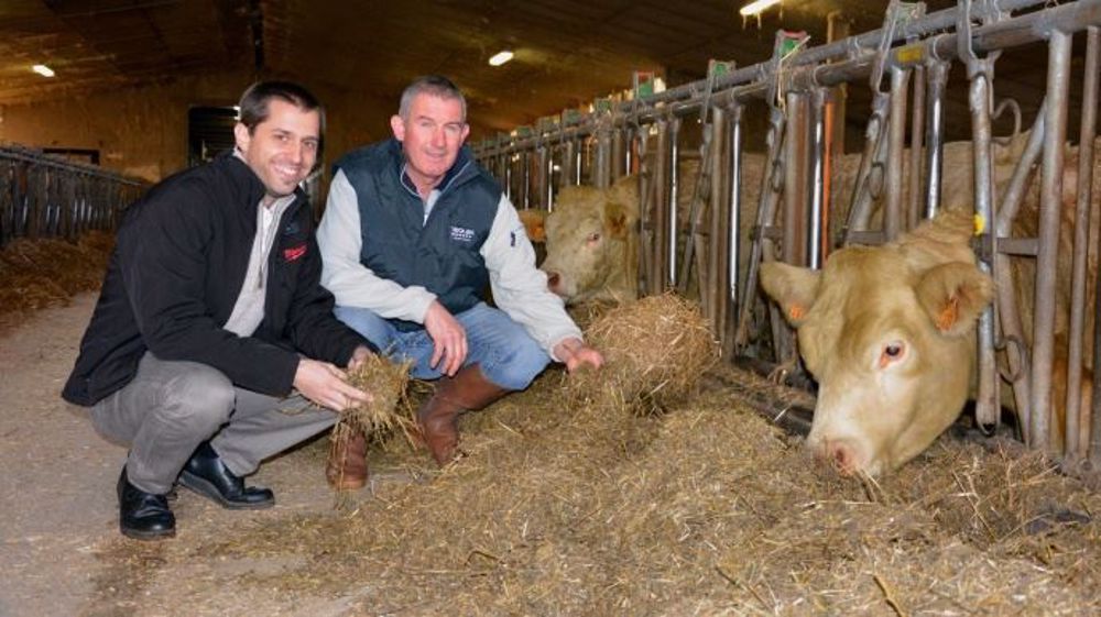Le nutritionniste Yan Mathioux (à gauche) vise avec Jean-Pierre Augros (à droite) et son frère Gilles d'atteindre une autonomie alimentaire quasi totale pour 400 bovins. (©Terre-net Média)