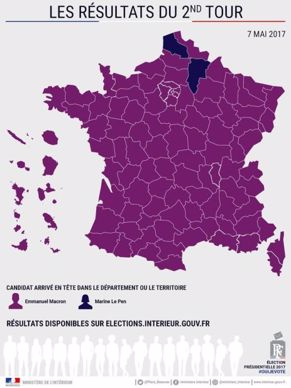 Carte de France des résultats par département du second tour de la présidentielle 2017