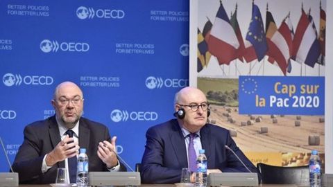 Stéphane Travert et Phil Hogan lors d'une conférence de presse commune sur la Pac 2020. (©Compte twitter du ministère de l'agriculture)