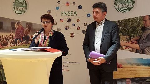 Christiane Lambert, présidente de la FNSEA, avec Henri Biès-Péré, vice-président du syndicat, lors de la présentation des voeux à la presse le 9 janvier 2018. (©Terre-net Média)
