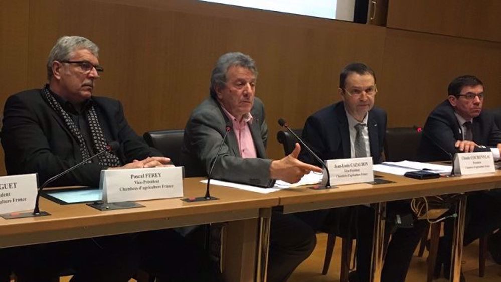 Pascal Ferey (vice-président), Jean-Louis Cazaubon (vice-président), Claude Cochonneau (président), Dominique Chalumeaux (secrétaire général), lors de la présentation des vœux de l'APCA pour 2018. (©Florian Cazeres)