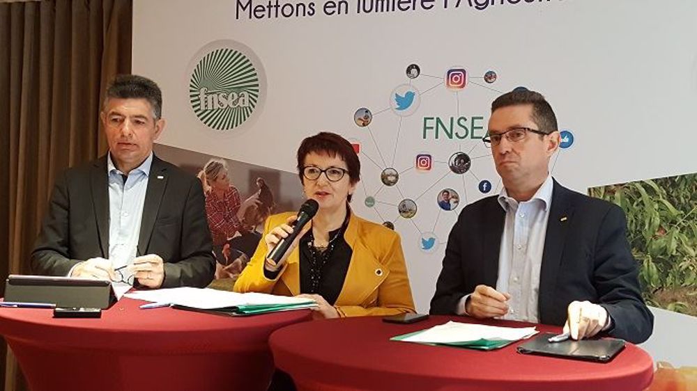 Henri Bies-Pere, Christiane Lambert et Jérôme Despey, jeudi 22 mars 2018 lors d'une conférence de presse de la FNSEA. (©Terre-net Média)