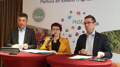 Henri Bies-Pere, Christiane Lambert et Jérôme Despey, jeudi 22 mars 2018 lors d'une conférence de presse de la FNSEA. (©Terre-net Média)