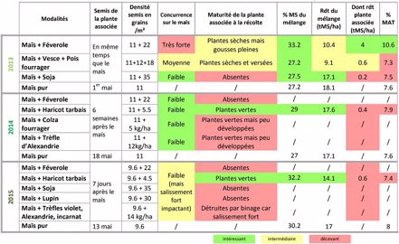 La maturité à la récolte, la concurrence entre les deux plantes et la contribution au rendement (volume et MAT) sont les critères qui déterminent la plante compagne la mieux adaptée au maïs