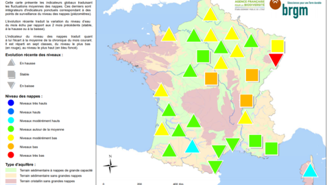 Situation des nappes phréatiques en France au 1er mars 2019. (<a href="https://www.brgm.fr/sites/default/files/brgm_nappes_eau_2019-03.pdf" target="_blank">Cliquez sur la carte pour l'agrandir</a>). (©BRGM)