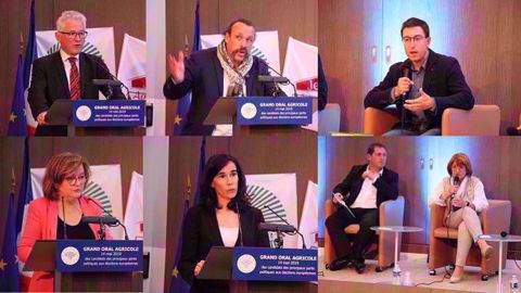 Les représentants des principales listes candidates aux élections européennes ont défilé pour expliquer leur programme agricole, à l'invitation de la FNSEA et JA.<br />De gauche à droite et de haut en bas: Hervé Juvin (Rassemblement national), Benoît Biteau (EELV), Roamin Dureau (La France insoumise), Nathalie Loiseau (Renaissance), Aziliz Gouez (PS-PLace publique, Angélique Del