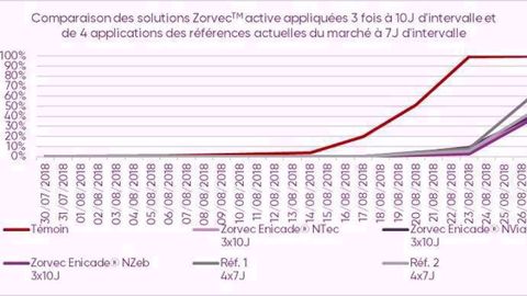 Comparaison des solutions Zorvec active et des références actuelles du marché, réalisée lors des essais en  2018. (©Corteva Agrisciences)