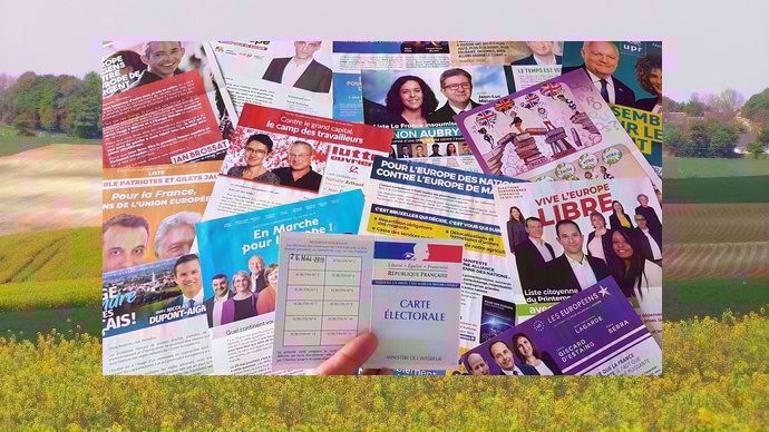 Tracts des élections européennes 2019 devant un paysage agricole