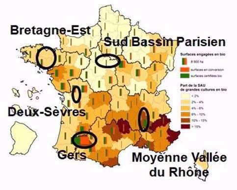Localisation des 5 fermes-types de grandes cultures bio