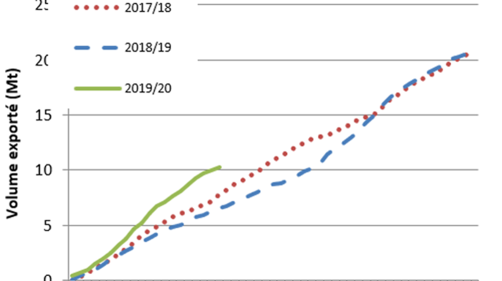 Les exports de blé depuis l'Union européenne maintiennent leur avance par rapport aux deux campagnes précédente (©Commission européenne / Création : Terre-net média)