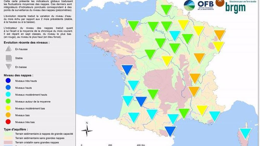 <a href="https://www.brgm.fr/sites/default/files/communique-nappes-eau-souterraine-2020-08-carte.pdf" target="_blank">État des nappes phréatiques au 1er août 2020</a>. Cliquez sur la carte pour l'agrandir. (©BRGM)