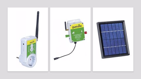 Les options suivantes sont disponibles avec l’alarme de clôture GSM : la prise secteur GSM permettant de brancher et de débrancher l’alimentation électrique via smartphone et le module solaire pour une alimentation continue de l’alarme GSM. (©Patura) Les options suivantes sont disponibles avec l’alarme de clôture GSM : la prise secteur GSM permettant de brancher et de débrancher l’alimentation électrique via smartphone et le module solaire pour une alimentation continue de l’alarme GSM. (©Patura)