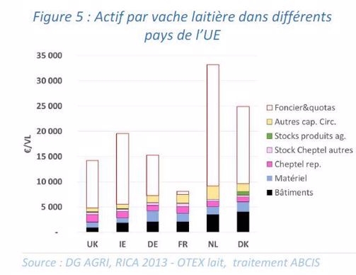 Poids des différents postes d'actifs pour s'installer en élevage laitier selon les pays européens