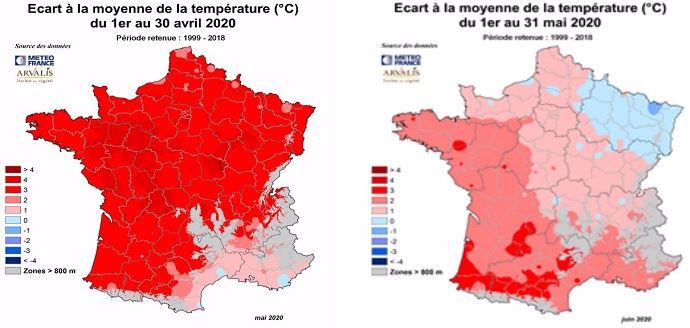Ecarts de température en avril et mai 2020 par rapport à la moyene sur 20 ans