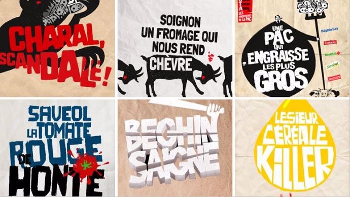 Affiches et slogans de la campagne de communication « Basta » lancée par la plateforme « Pour une autre Pac » qui souhaite dénoncer l’accaparement des aides de la Pac par les groupes agroalimentaires