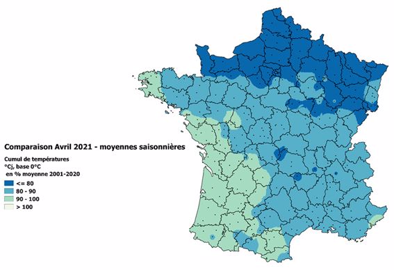 Cumul de températures (en °Cjour) en avril 2021 par rapport à la moyenne saisonnière 2001/2020