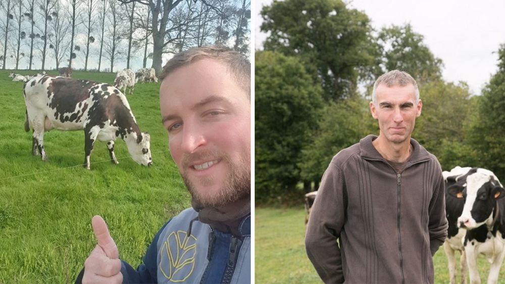 À gauche, Charly Lahaye élève des Normandes (700 000 l de lait/an) dans le Calvados. Cédric Bouvet, à droite, 120 Prim'holsteins en Ille-et-Vilaine. (©Miimosa)