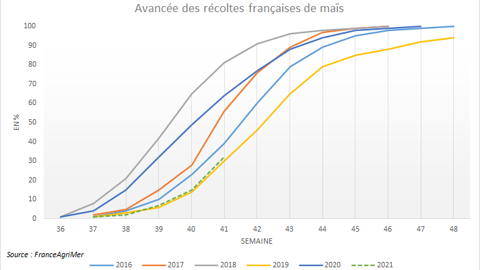 Avancée des récoltes françaises de maïs (FranceAgriMer).