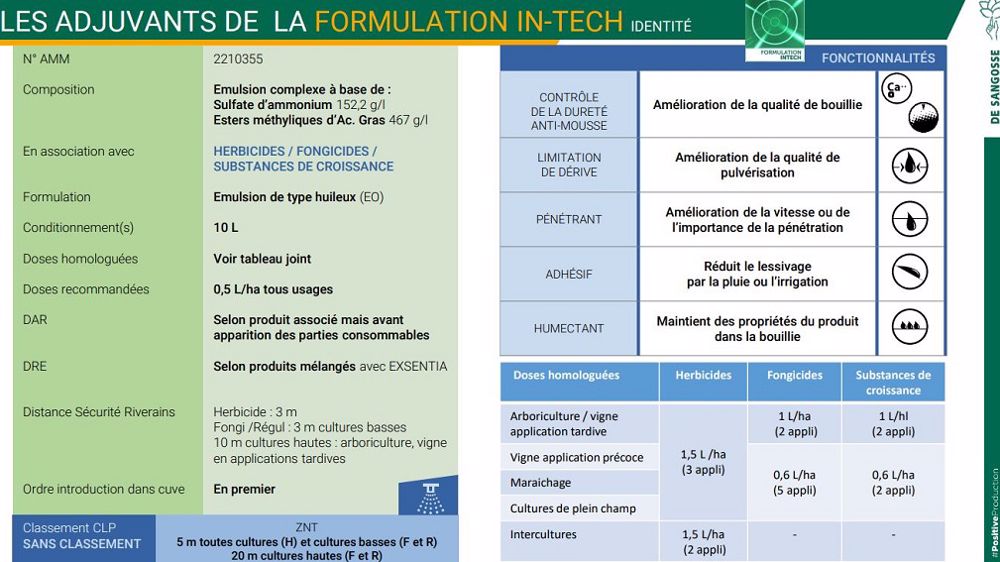 Pour plus d'infos, retrouvez la fiche d'identité des adjuvants de la formulation In-tech. (©De Sangosse)