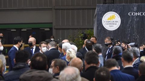 Emmanuel Macron a échangé avec les représentants des organisations agricoles à son arrivée au salon de l'agriculture. (©Terre-net Média)