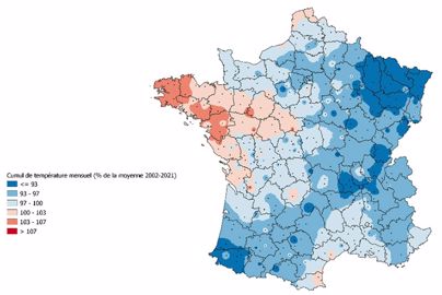 Ecart du cumul de températures du mois d’avril 2022 (en % de la moyenne 2002-2021)