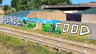 Réalisée par Maks Leyso et Timid du collectif A4 Création, la fresque recouvre un tag animaliste sur l'exploitation d'Etienne Fourmont (© Les Z'Homnivores) Réalisée par Maks Leyso et Timid du collectif A4 Création, la fresque recouvre un tag animaliste sur l'exploitation d'Etienne Fourmont (© Les Z'Homnivores)