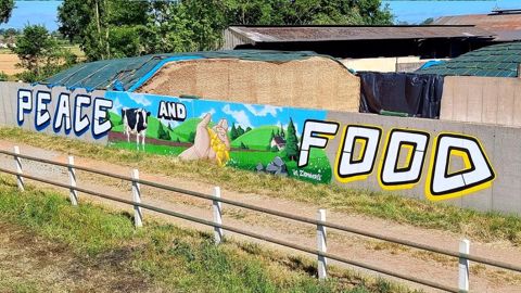 Réalisée par Maks Leyso et Timid du collectif A4 Création, la fresque recouvre un tag animaliste sur l'exploitation d'Etienne Fourmont (© Les Z'Homnivores)