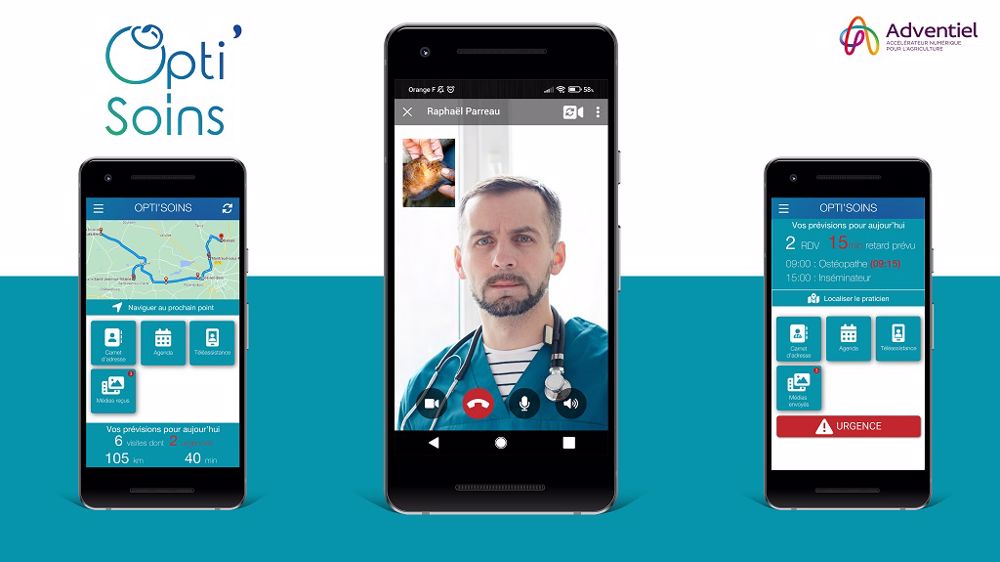 L'application Opti'soins comporte un module d’optimisation de tournée, un système de notification du temps de retard du praticien, un module de téléassistance (visio, chat) et aussi une fonction d’appel d’urgence déclenchant la venue d’un soignant de garde. (©Adventiel)
