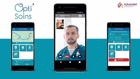 L'application Opti'soins comporte un module d’optimisation de tournée, un système de notification du temps de retard du praticien, un module de téléassistance (visio, chat) et aussi une fonction d’appel d’urgence déclenchant la venue d’un soignant de garde. (©Adventiel) L'application Opti'soins comporte un module d’optimisation de tournée, un système de notification du temps de retard du praticien, un module de téléassistance (visio, chat) et aussi une fonction d’appel d’urgence déclenchant la venue d’un soignant de garde. (©Adventiel)