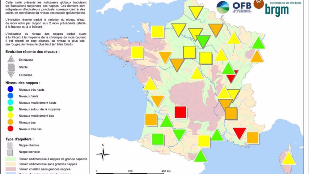 État des nappes phréatiques au 1er novembre 2022. <a href="https://www.brgm.fr/sites/default/files/documents/2022-11/communique-nappes-eau-souterraine-2022-11-carte.pdf" target="_blank">Cliquez sur la carte pour l'agrandir</a>. (©BRGM)