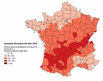 Ecart de cumul de température (en degrés-jour) entre le 1er octobre et le 24 novembre 2022 par rapport à la médiane 2002/2021
