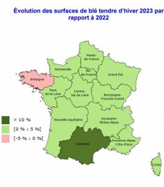 Evolution des surfaces de blé tendre 2023, par rapport à 2022, selon Agreste.