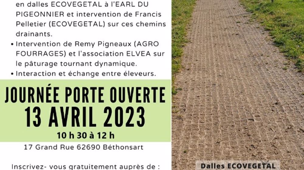 Porte ouverte sur la stabilisation des chemins de pâturage avec les dalles Ecovegetal (©Agrofourrages) Porte ouverte sur la stabilisation des chemins de pâturage avec les dalles Ecovegetal (©Agrofourrages)