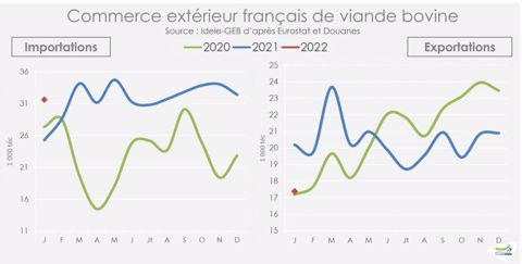 Evolution des importations et exportations françaises de viande bovine depuis 2021