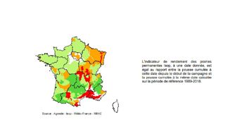 Pousse de l'herbe en France au 20 juillet 2023. En rouge foncé/marron : déficit sévère (60 % et moins) ; en rouge : déficit important (75 % et moins) ; en orange : déficit faible (de plus de 75 à 90 %) ; en vert : normal (de plus de 90 à 110 %) ; en vert foncé : excédent (plus de 110 %). Pousse de l'herbe en France au 20 juillet 2023. En rouge foncé/marron : déficit sévère (60 % et moins) ; en rouge : déficit important (75 % et moins) ; en orange : déficit faible (de plus de 75 à 90 %) ; en vert : normal (de plus de 90 à 110 %) ; en vert foncé : excédent (plus de 110 %).