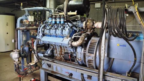 Le cogénérateur est un moteur (ici un Deutz V8 de 250 kW) qui convertit 35 à 38 % du méthane en électricité <br />et le reste sous forme de chaleur. Un quart de la chaleur produite sert à chauffer le digesteur <br />pour assurer le bon développement des bactéries méthanogènes. (© Terre-net Média) Le cogénérateur est un moteur (ici un Deutz V8 de 250 kW) qui convertit 35 à 38 % du méthane en électricité <br />et le reste sous forme de chaleur. Un quart de la chaleur produite sert à chauffer le digesteur <br />pour assurer le bon développement des bactéries méthanogènes. (© Terre-net Média)